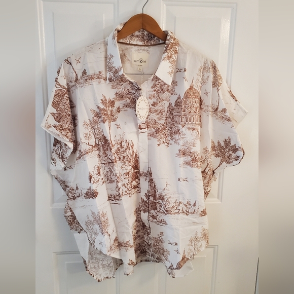 Umgee Tops - Umgee Cream and Brown Scenic Toile Print Short-Sleeve Button-Up Shirt